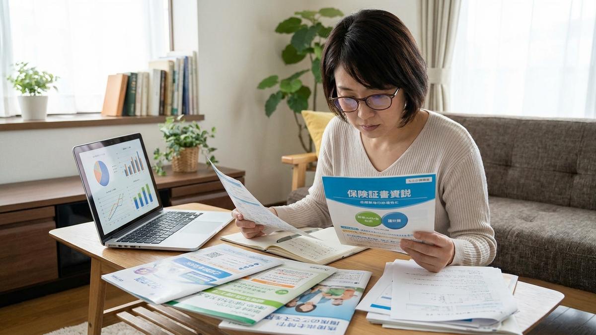 複数の保険会社を比較検討する女性
