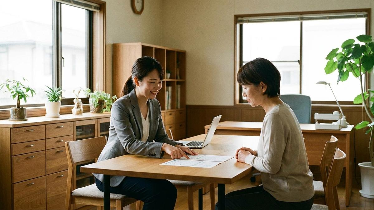 代理店型自動車保険の相談窓口で話す担当者と顧客