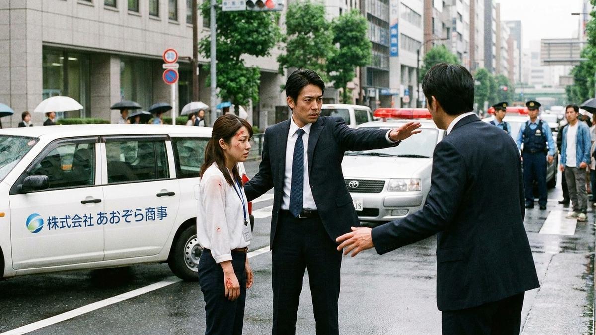 社用車事故の現場で初期対応をする様子