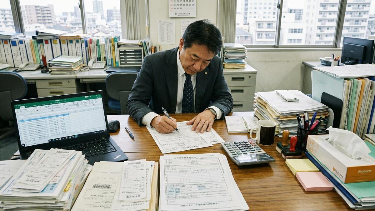 保険金請求書類を記入する経理担当者