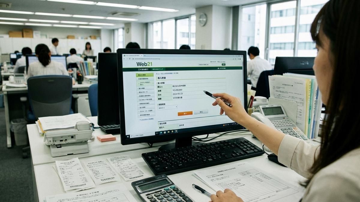 保険金の振込を確認する経理担当者