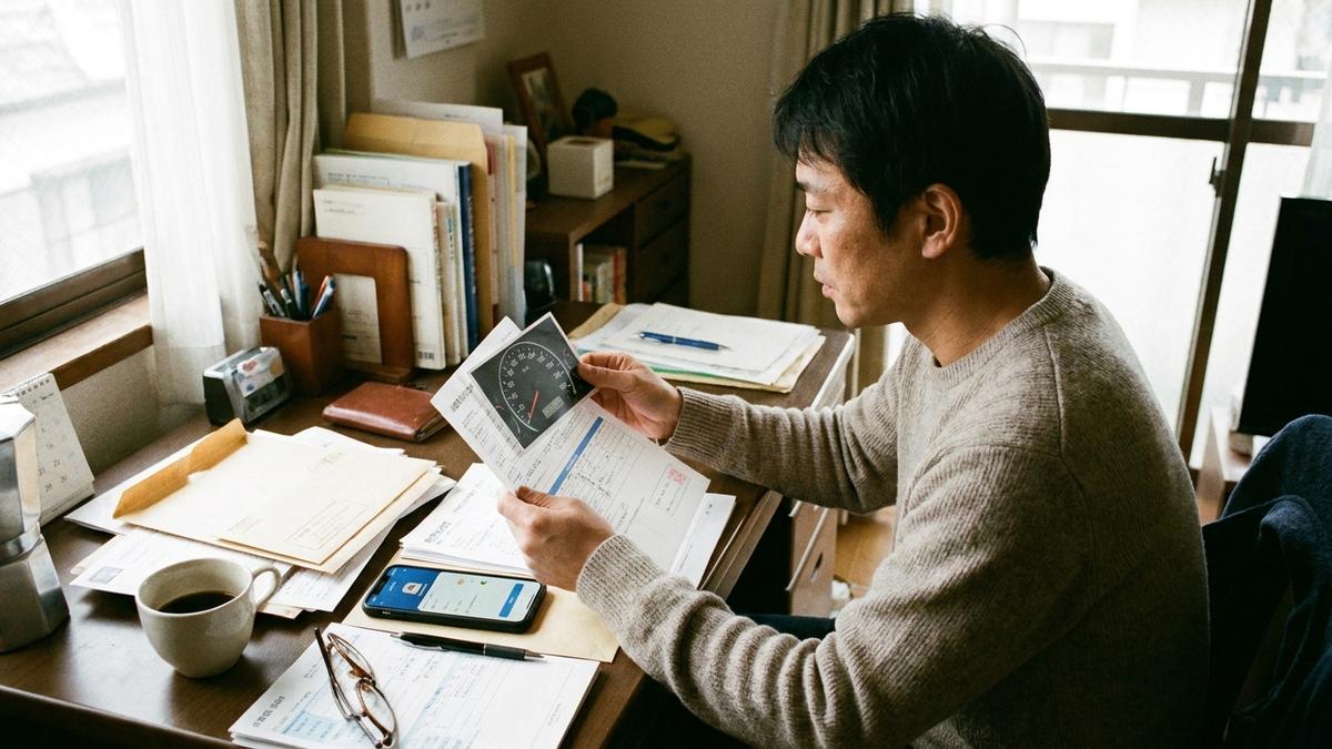 自動車保険の走行距離割引を確認する男性